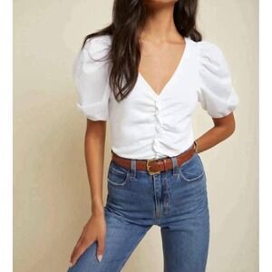 Nation LTD Giada Gathered Ruched Puff Sleeve Top in White SZ XS Feminine Flirty